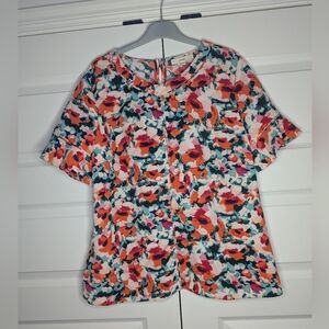 Lark & Ro Womens XL Floral Orange Blouse Ruffle Short Sleeve Key Hole Back